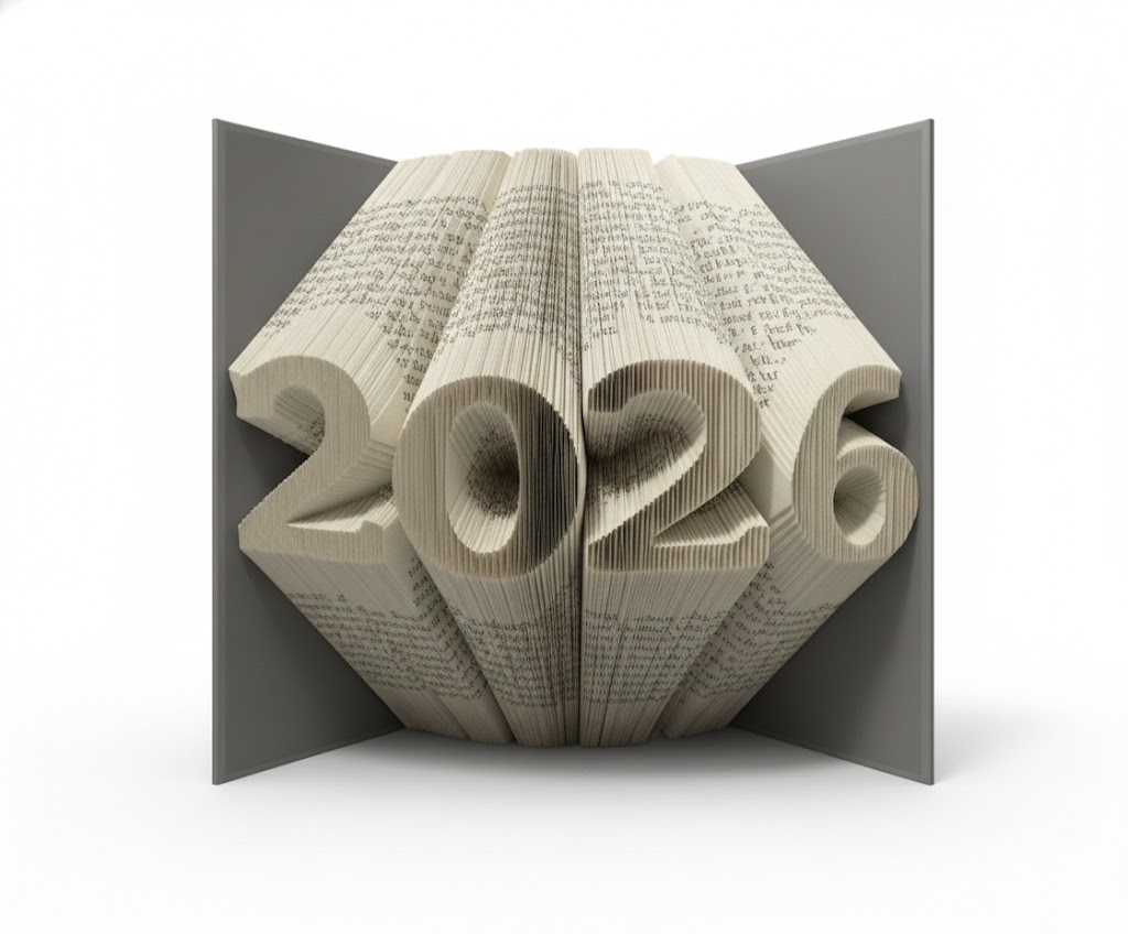 A precisely folded book displaying 2026