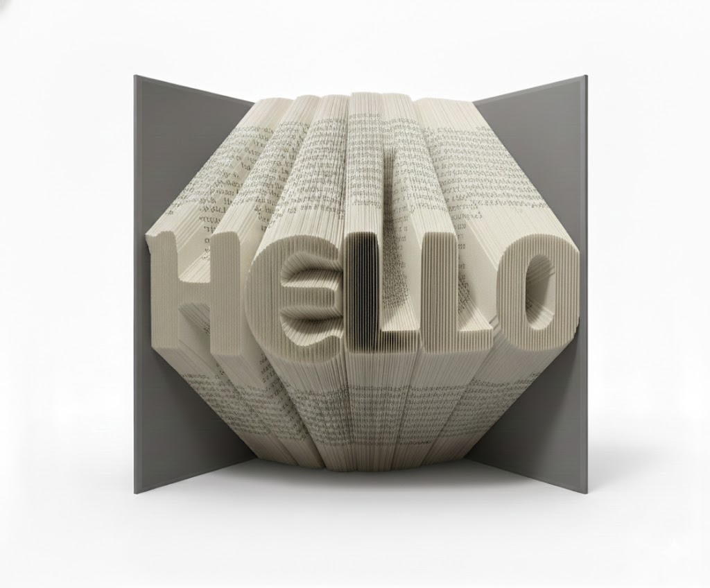A folded book example showing HELLO