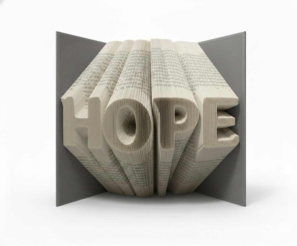 A beautifully folded book displaying HOPE