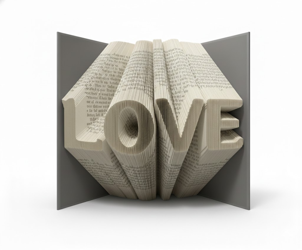A beautifully folded book displaying the word LOVE
